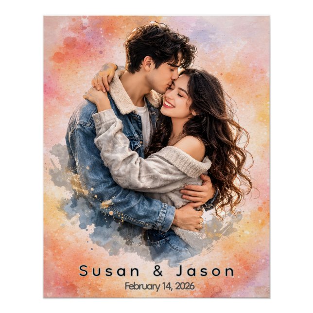 Pôster Presente Personalizado de Foto de Casal com Aquare (Frente)
