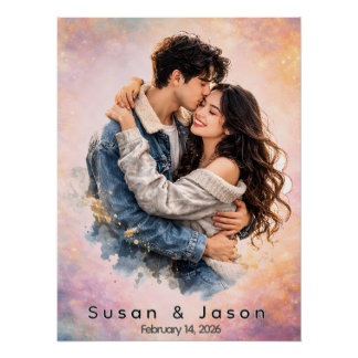 Pôster Presente Personalizado de Foto de Casal em Aquarel