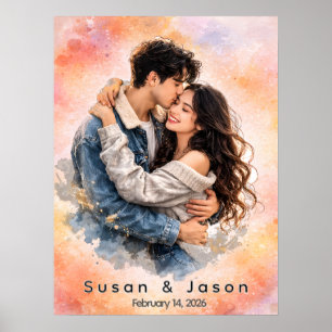 Poster Presente Personalizado de Foto de Casal em Aquarel