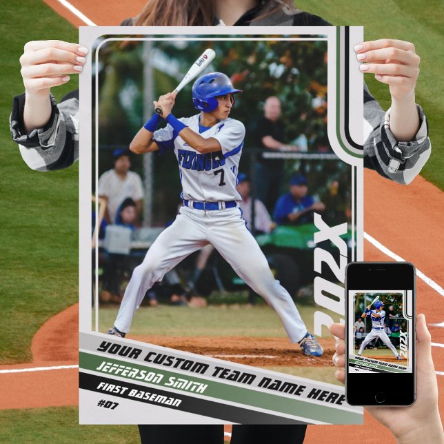 Poster Presente personalizado do jogador de beisebol em v (Baseball Player Poster in Light Grey with Custom Team Name and Grey Green Stripes)