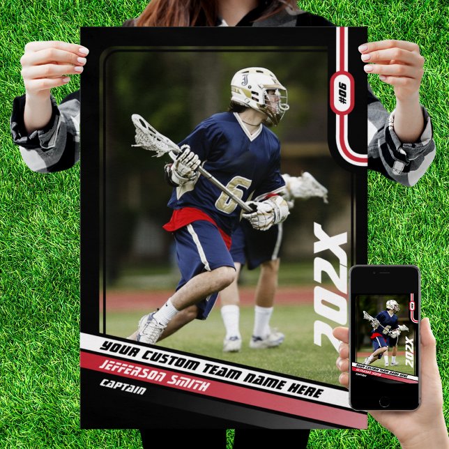 Poster Presente personalizado do jogador de lacrosse em v (Lacrosse Player Poster in Black with Custom Team Name and Red White Elements)