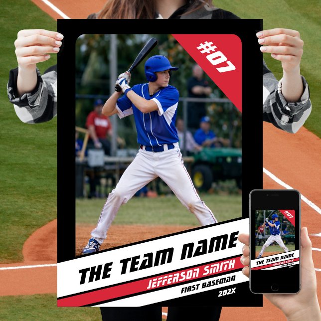 Poster Presente Personalizado para Jogador de Beisebol Pr (Baseball Player Poster in Black with Custom Team Name and White Red Stripes)