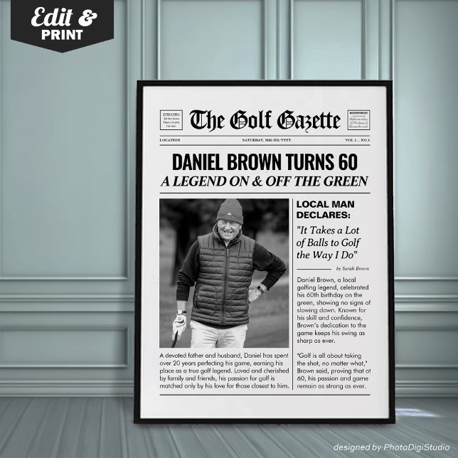 Poster Presentes de Golfe Personalizados, Jornal de Golfe (Personalized Golf Gifts, Fun Golf Newspaper Poster)