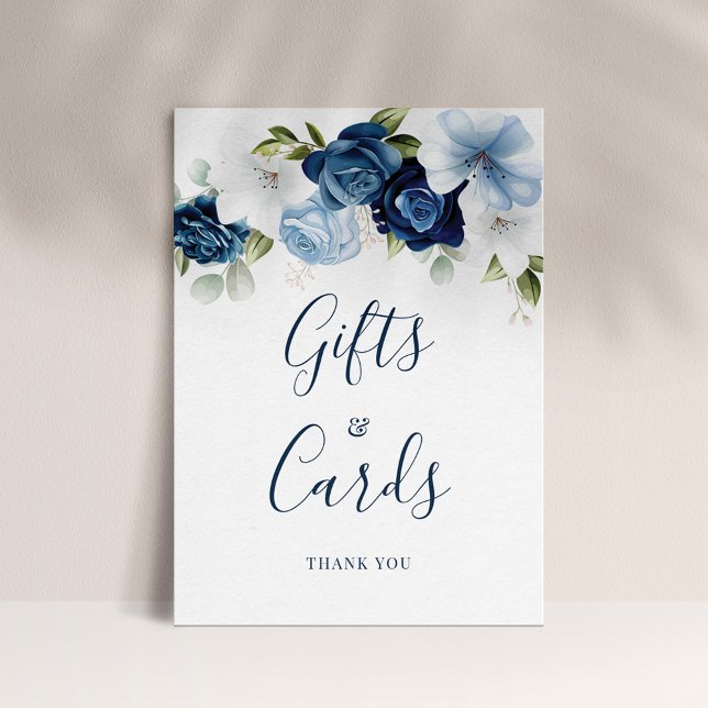 Poster Presentes e Cartões com Manuscrito Azul Dusty (Dusty Blue Floral Botanical Script Gifts and Cards Display Card)