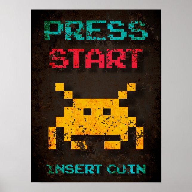 Poster Pressione Iniciar Inserir Moeda Pixel Arcade (Frente)