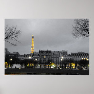 Poster preto, branco e amarelo da torre Eiffel