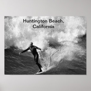 Pôster preto branco, Huntington Beach do surfista 5x7,