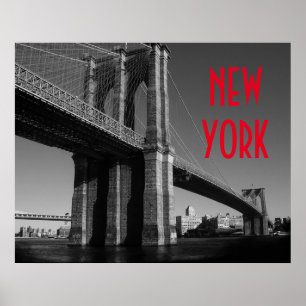 Pôster Preto Branco Vermelho Ponte de Brooklyn Cidade de