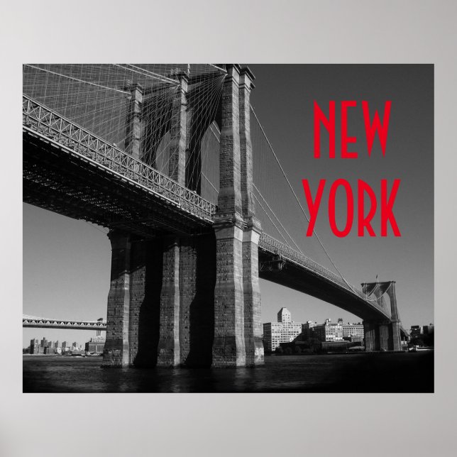 Pôster Preto Branco Vermelho Ponte de Brooklyn Cidade de  (Frente)