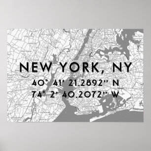 Poster Preto do mapa de New York branco & cinzas