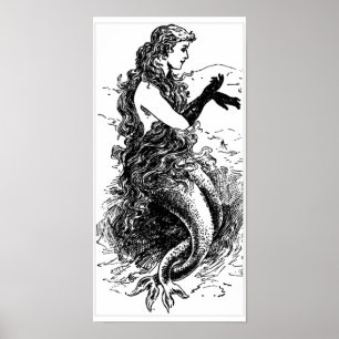 Poster preto e branco da sereia do vintage