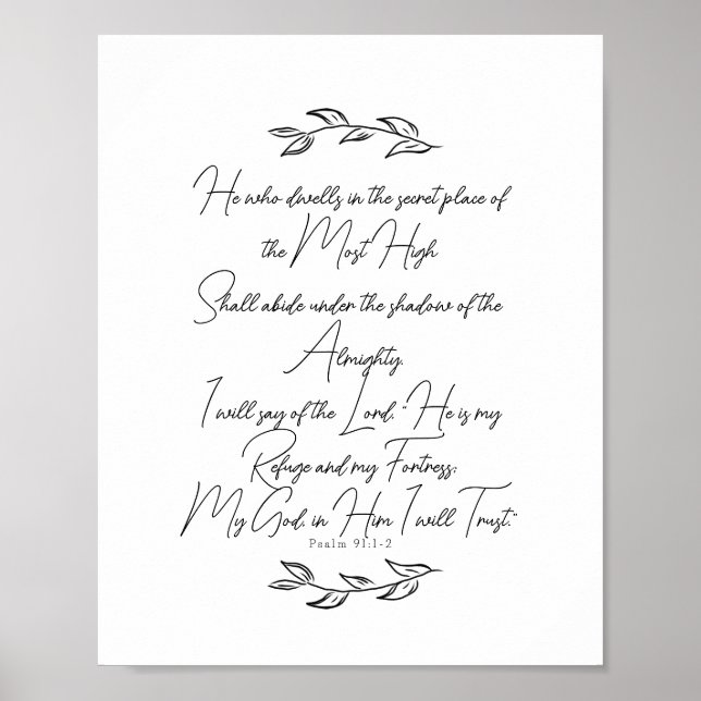 Poster Preto e Branco Elegante Folhas Salmo 91 Cristão (Frente)