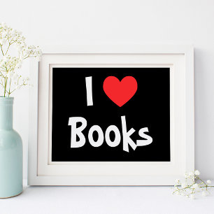 Pôster Preto e Branco Eu Amo Livros Coração Vermelho