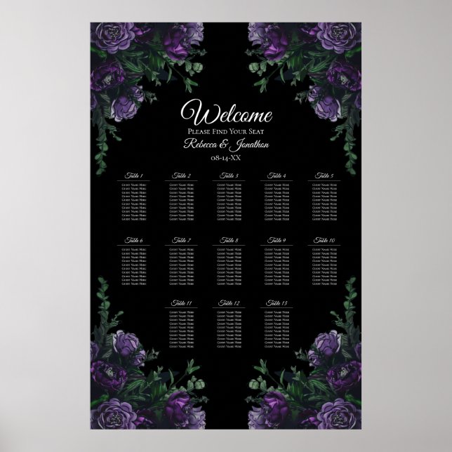 Poster Preto Púrpura Floral Elegante Gótico (Frente)
