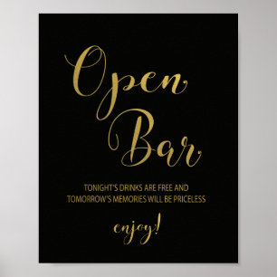 Poster Preto & sinal aberto do bar do ouro