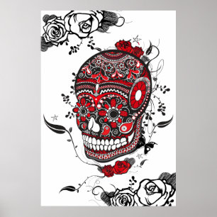 Poster preto & vermelho do crânio do açúcar de