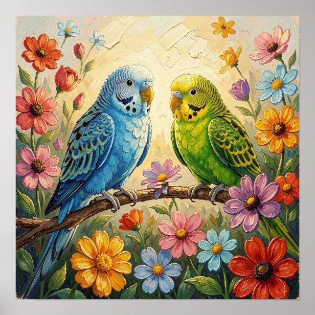 Poster Pretty  Blue and Green Parakeets  (Frente)