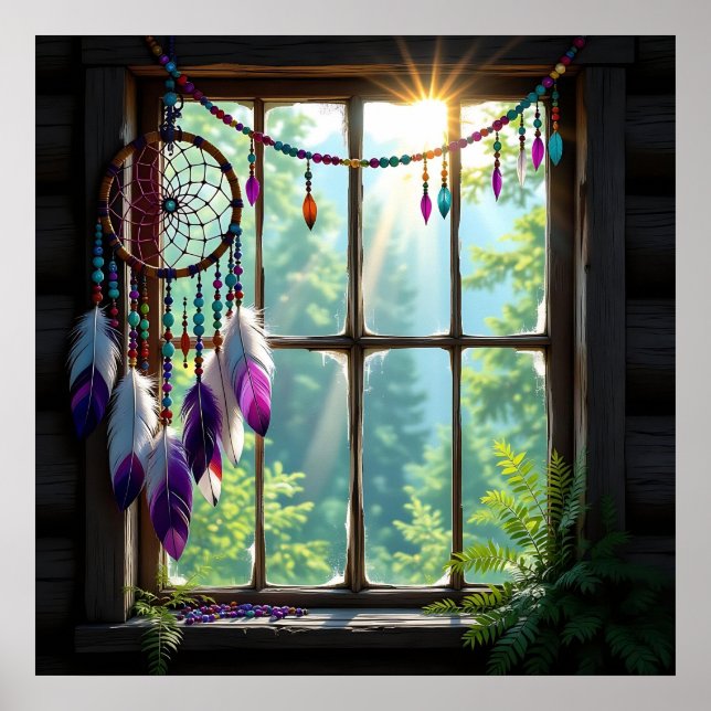 Poster Pretty Boho Purple Dreamcatcher in Window   (Frente)