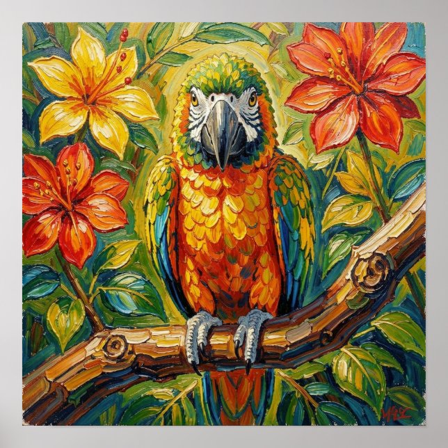 Poster Pretty Colorful Impasto Parrot and Tropical Flower (Frente)