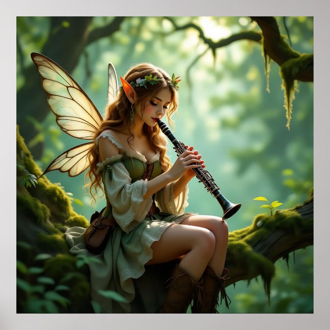 Poster Pretty Elven Fairy Playing Clarinet (Frente)