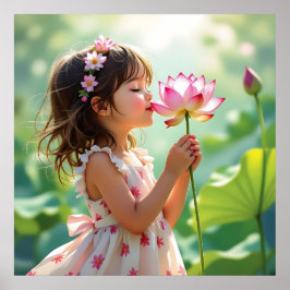 Poster Pretty Little Girl Smelling a Pink Rose