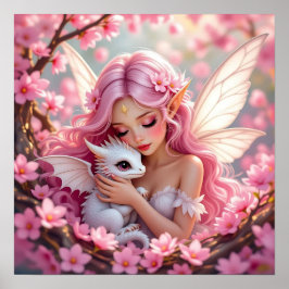 Poster Pretty Pink Elven Fairy & Dragon 