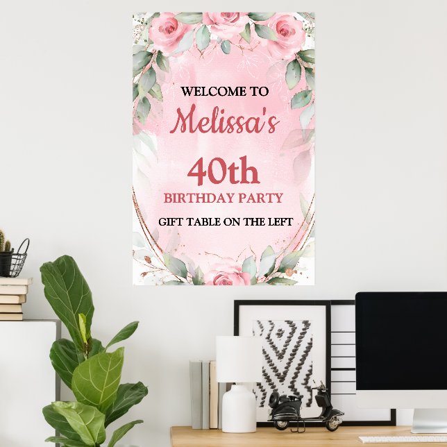 Poster Pretty Pink Roses Birthday (Escritório em casa)