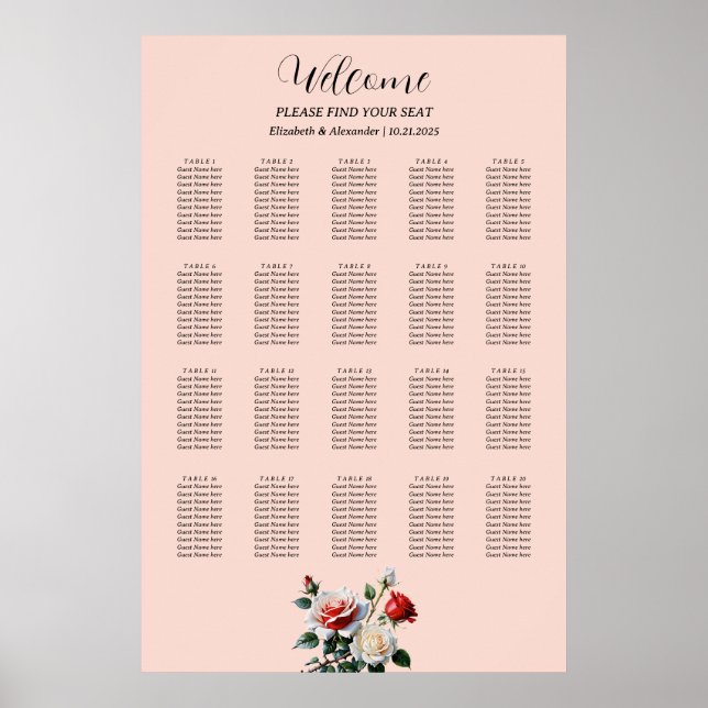 Poster Pretty pink white red roses seating chart (Frente)