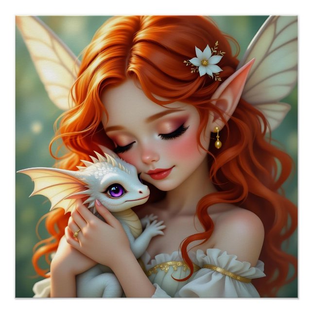 Pôster Pretty Red Haired Fairy with Dragon (Frente)