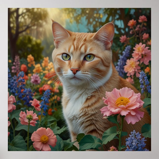 Poster Pretty white orange cat in floral garden (Frente)
