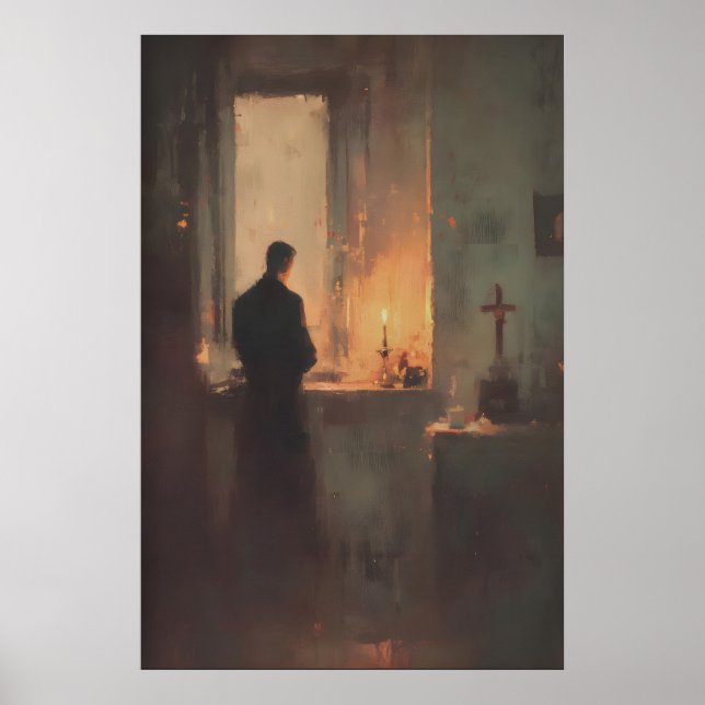 Poster Priest Praying By Candlelight, Christian Wall Art (Frente)