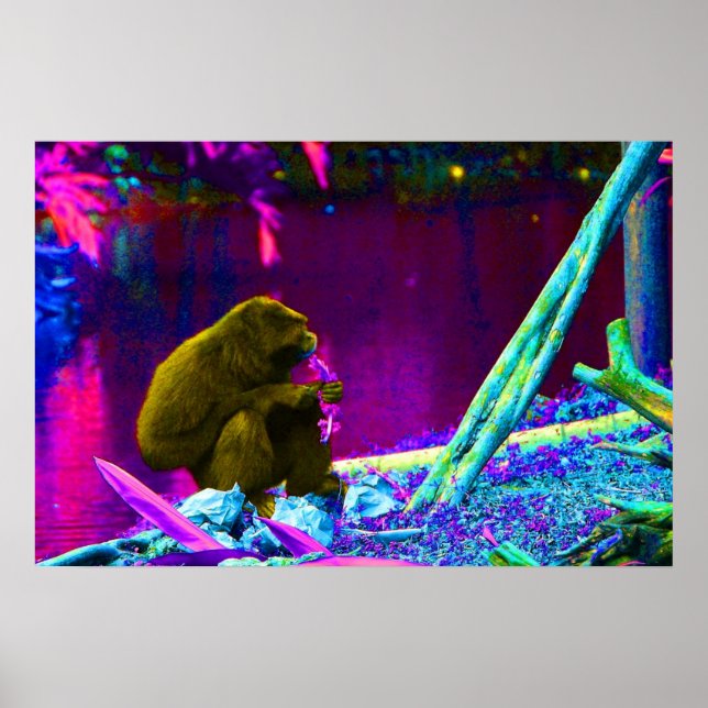 Pôster Primate comendo verduras na borda do neon terrestr (Frente)