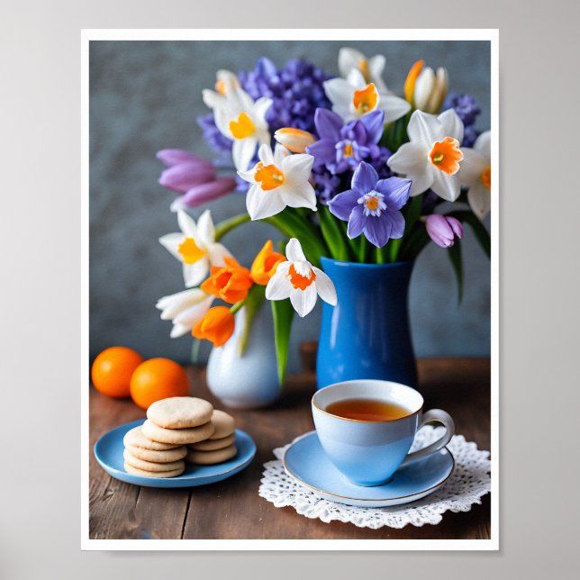 Poster Primavera Buquê de Daffodils Hyacinths Teacup (Frente)