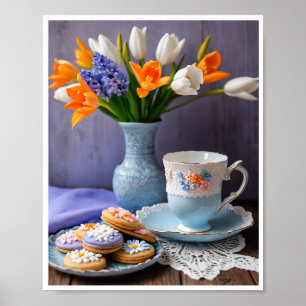 Poster Primavera Buquê de Daffodils Tulips Chá Cookies