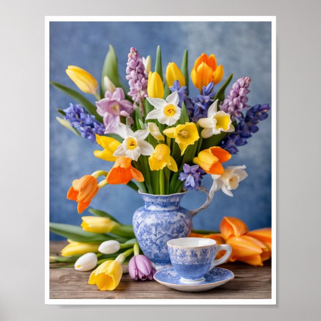 Poster Primavera Buquê de Daffodils Tulips Teacup (Frente)