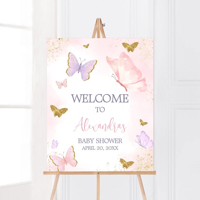 Poster Primavera de Borboleta Dourada rosa (Purple Gold Butterfly Baby Shower Welcome Sign)