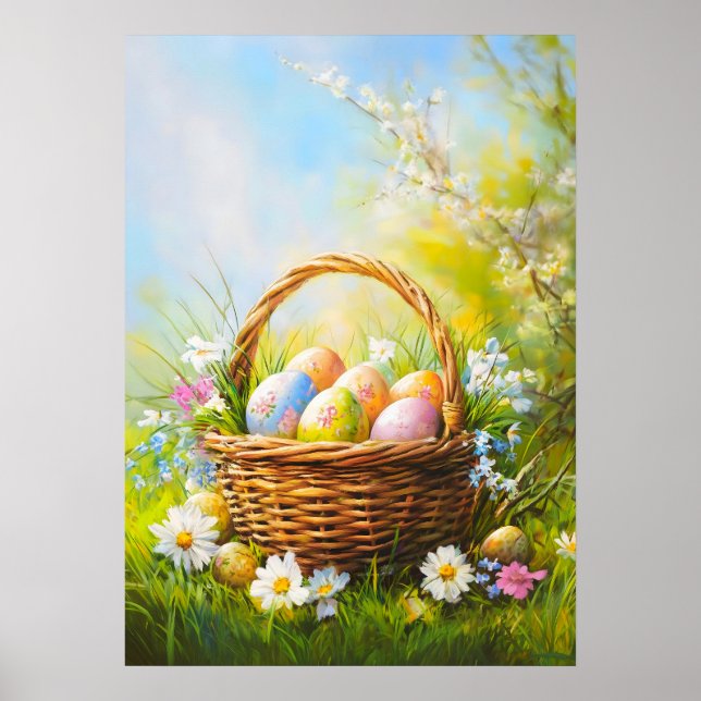 Poster Primavera de cesto de ovos de Páscoa (Frente)