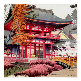 Pôster Primavera do Templo Vermelho Japonês