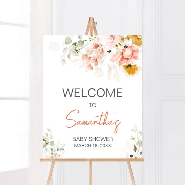 Poster Primavera Floral Bloom Chá de fraldas Bem-vindo (Oh Baby Bloom Florals Baby Shower Welcome Sign)