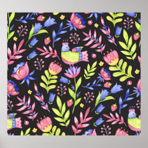 Poster Primavera Floral: Padrão Sem Costura De Aquarela