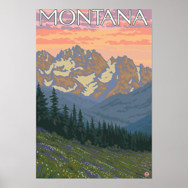 Pôster Primavera FloresPoster de viagens MontanaVintage (Frente)