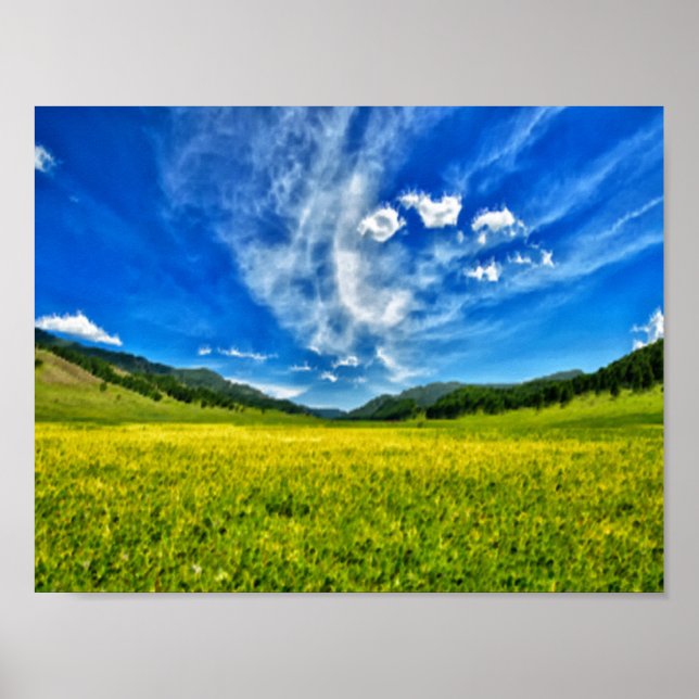 Poster Primavera meadow e céu azul (Frente)
