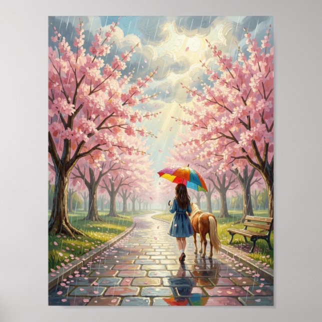 Poster Primavera - Menina com Guarda-Chuva e Pônei em Par (Frente)