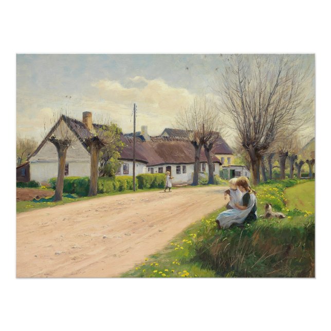 Pôster Primavera na aldeia com meninas à beira da estrada (Frente)