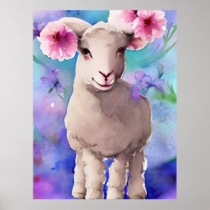 Poster Primavera Páscoa Lamb Aquarela Floral