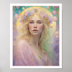 Poster Primavera Pastel Art Deco Woman Rosas de cabelo lo