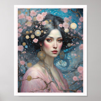 Poster Primavera Rosa Cereja Blossom Mulher Azul