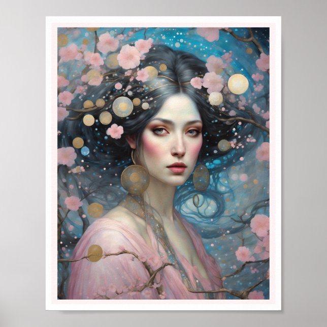 Poster Primavera Rosa Cereja Blossom Mulher Azul (Frente)