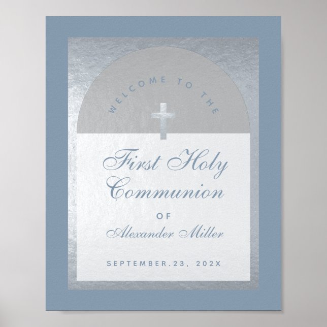 Poster Primeira Comunhão Arco de Prata Azul Poeira Boas-V (Frente)