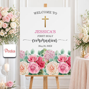 Poster Primeira Comunhão da Menina Cruz Dourada Rosas Flo